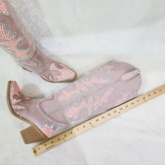 Sparks Country Western Cowgirl Knee Boots Dazzleing Iridescent Rhinestones Pink